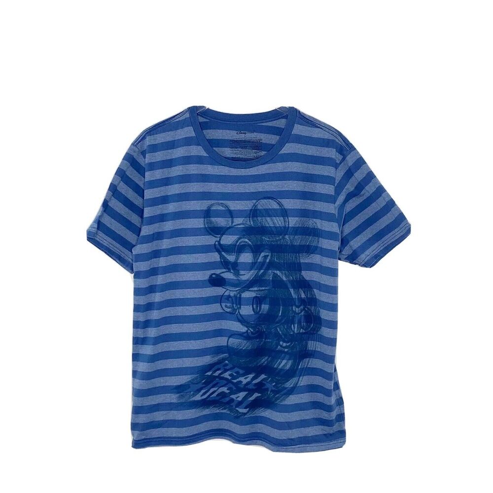 Disney Store Angry Mickey Tee "Real Deal" Teens Sz L Blue Striped T-Shirt